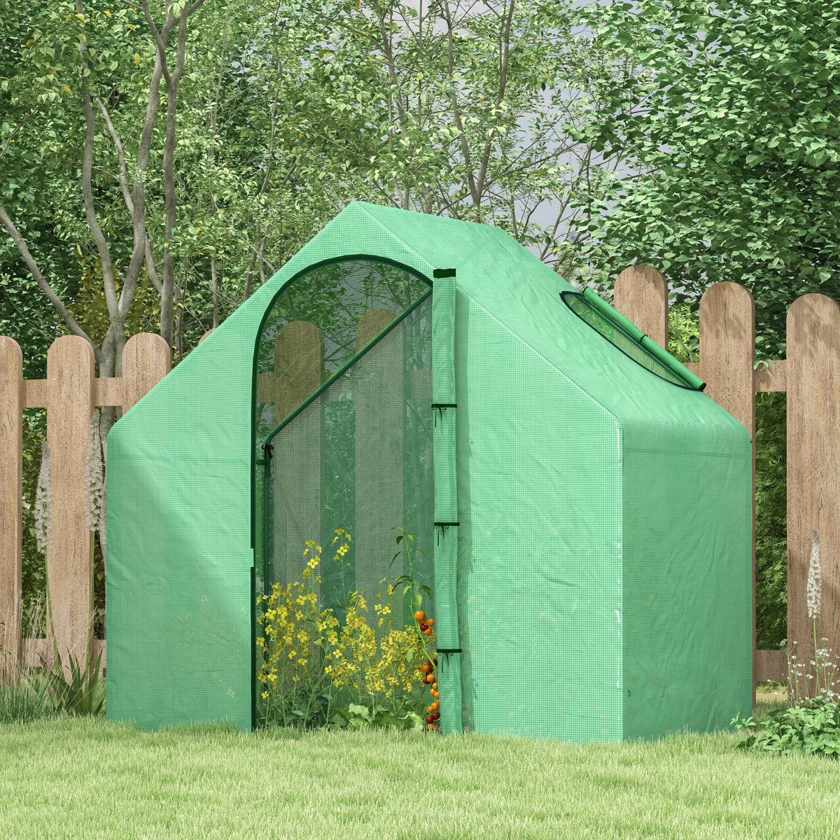  Walk In Tomato Greenhouse Garden Outdoor Mini Greenhouse Flower Planter Steel Frame with Zipped Door & Window, PE Cover, 180 x 100 x 168CM, Green