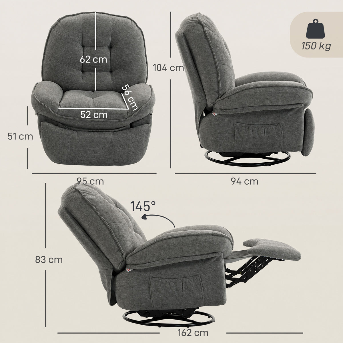 Chenille Relaxsessel, Manuell verstellbar, 360° Dreh- und Wippsessel mit breitem Sitz, hoher Rückenlehne, Hellgrau