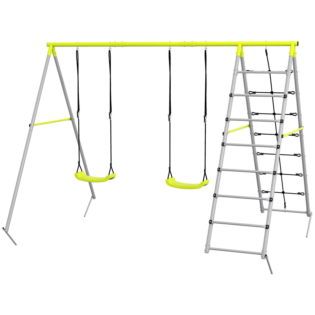 Four-In-One Metal Garden Swing Set, with Two Swings, Climber, Climbing Net - Green