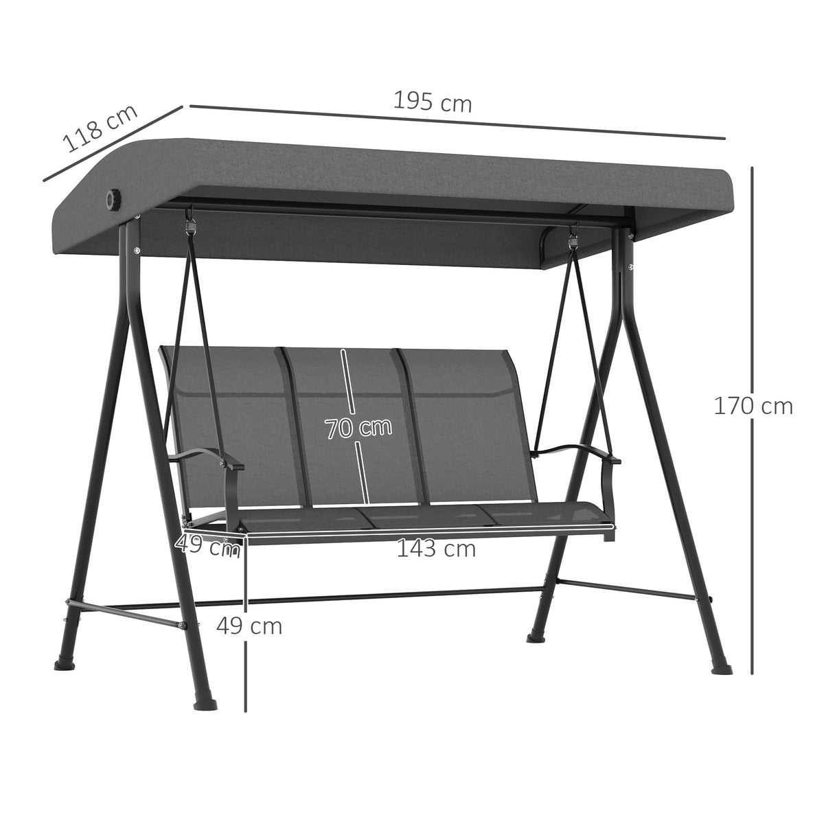 Hollywoodschaukel, für 3 Personen, verstellbares Sonnendach, bis 240 kg, dunkelgrau, 200 x 133 x 176 cm