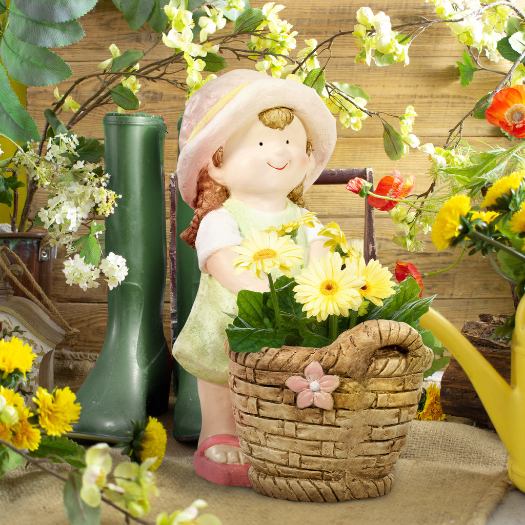 Gartenfigur "Mädchen mit Blumenkorb", Gartendekoration, wetterbeständig, 20 cm x 30 cm x 40 cm