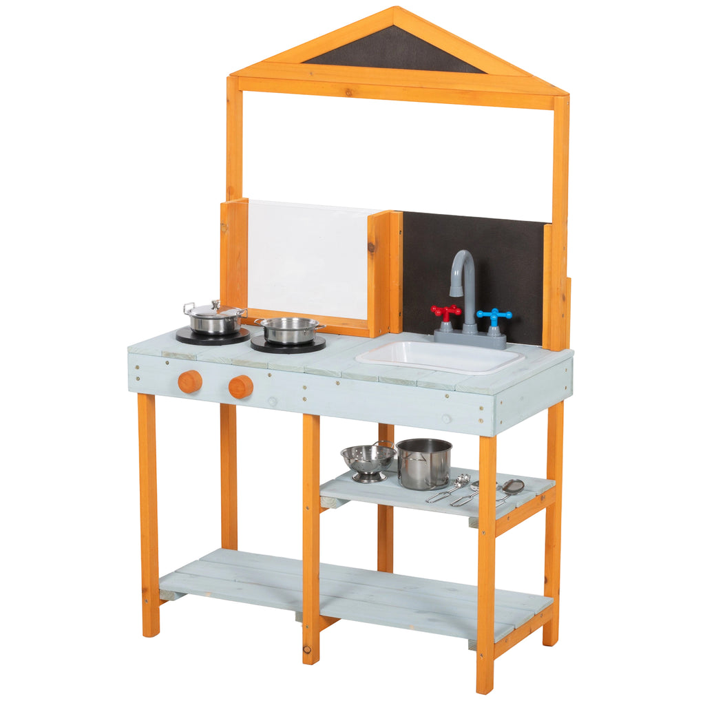 Mud Kitchen for Kids, Outdoor Wooden Play Kitchen with Sink, Stove, Cookware, Shelves, Pretend Play Toy for Ages 3-8
