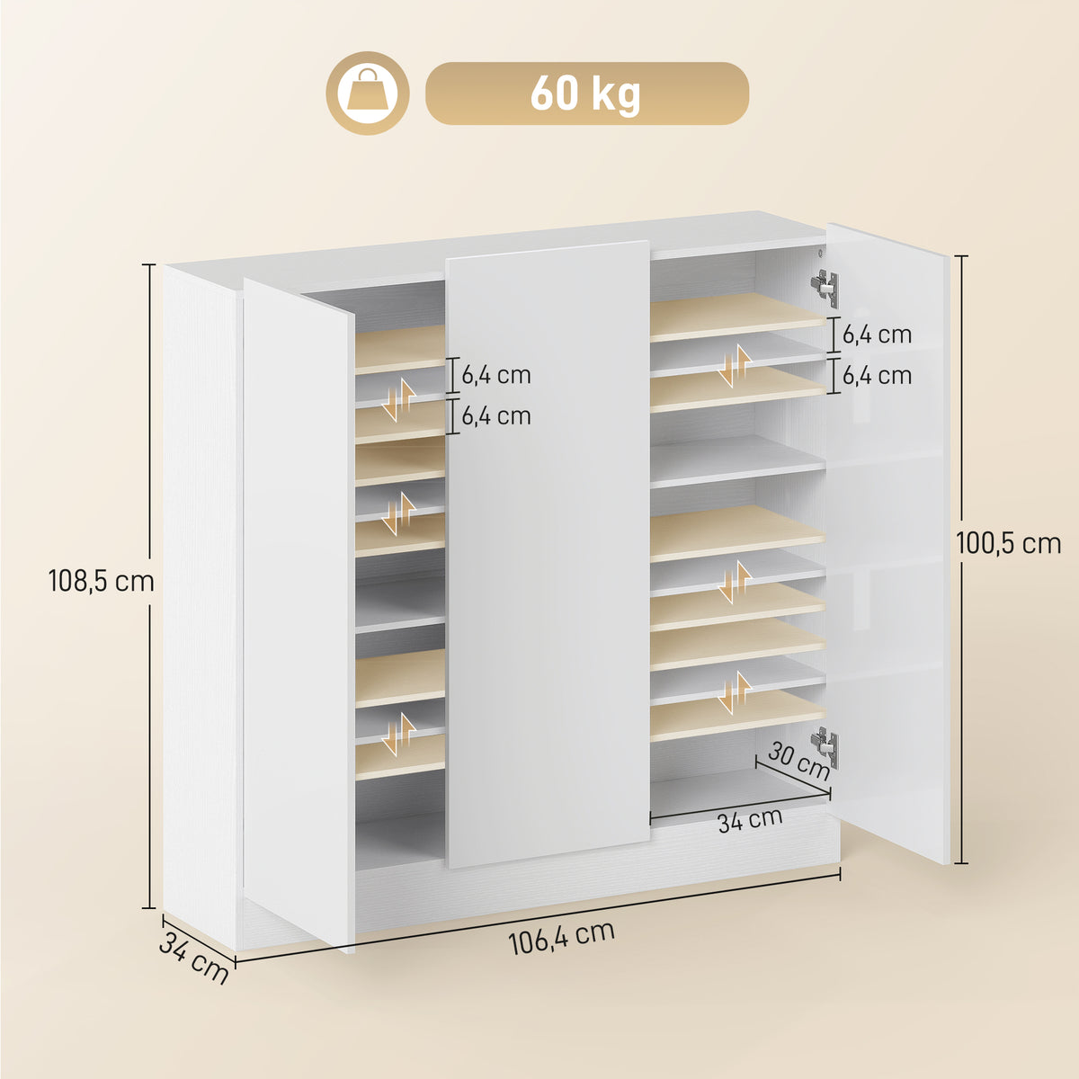 Schuhschrank mit 10 Regalen f¨¹r 25-30 Schuh-Paare, L¨¹ftungsl?cher, Soft-Close-T¨¹ren, Holz, Wei?