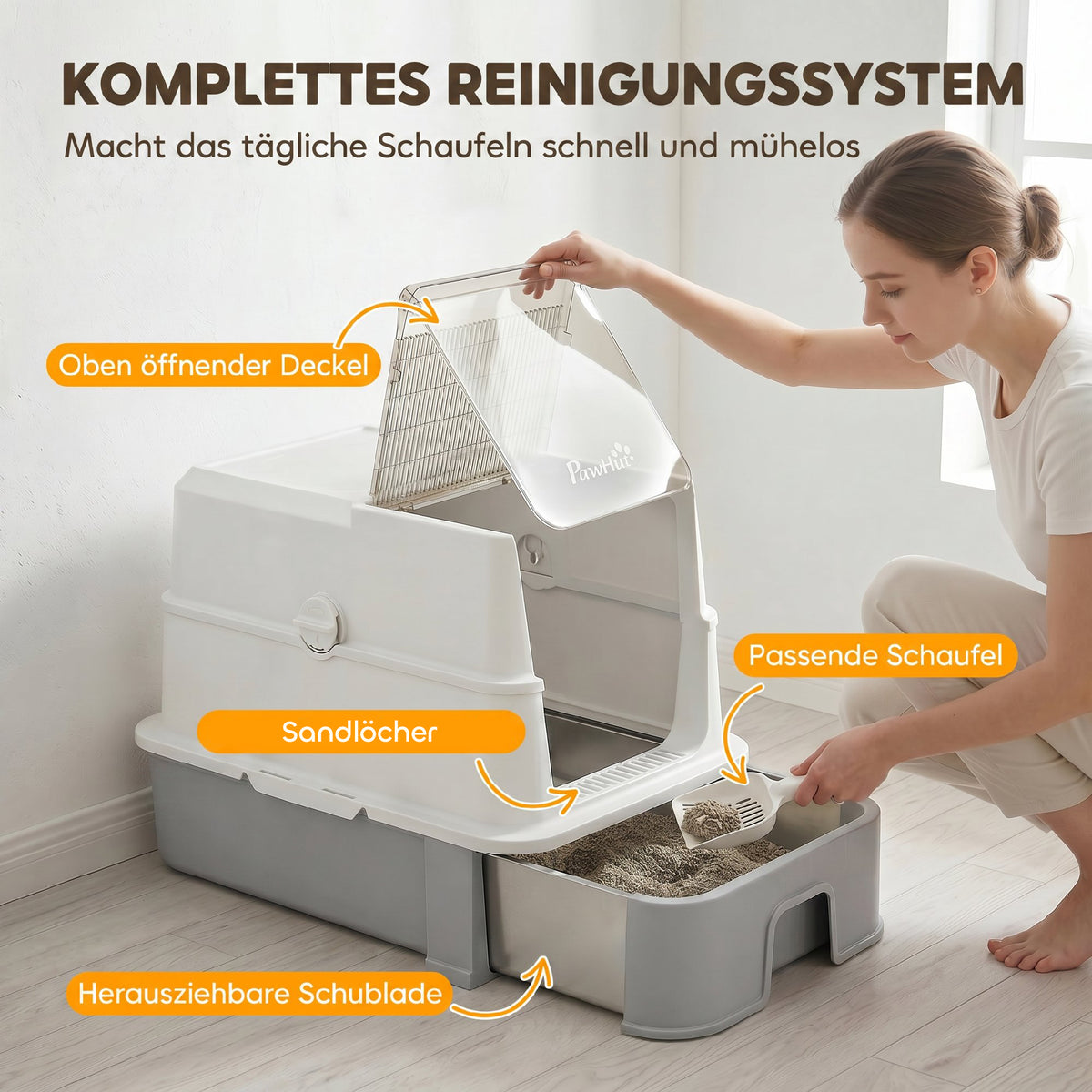 Katzentoilette aus Edelstahl mit Deckel, XL Katzenstreubox mit Schaufel, herausziehbare Wanne, hohe Seiten, leicht zu reinigen, grau