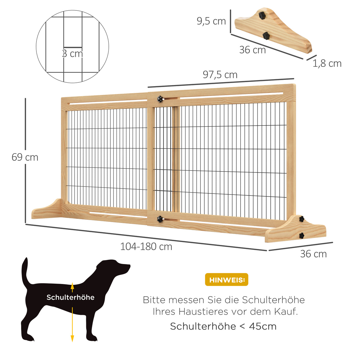 Freestanding Dog Gate, Foldable Pet Fence, Indoor Wood Barrier, Stair Gate with Support Feet, for Doorway, Hallway, Small and Medium Dogs, 69H x 104-180 cm, Natural Wood Finish