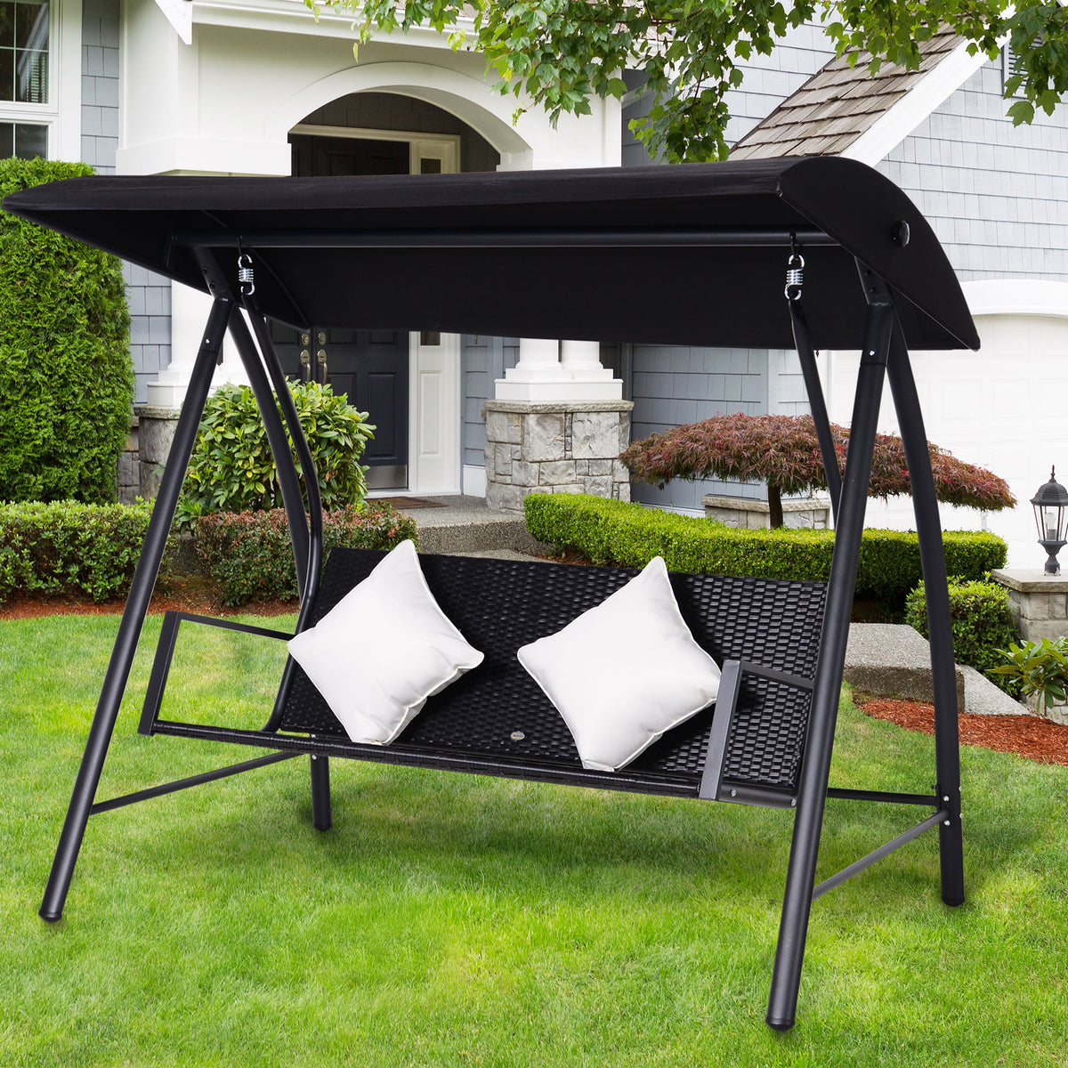  3-Sitzer Hollywoodschaukel Schaukel Polyrattan Metall mit Kissen belastbar bis 360kg Neu (Schwarz)