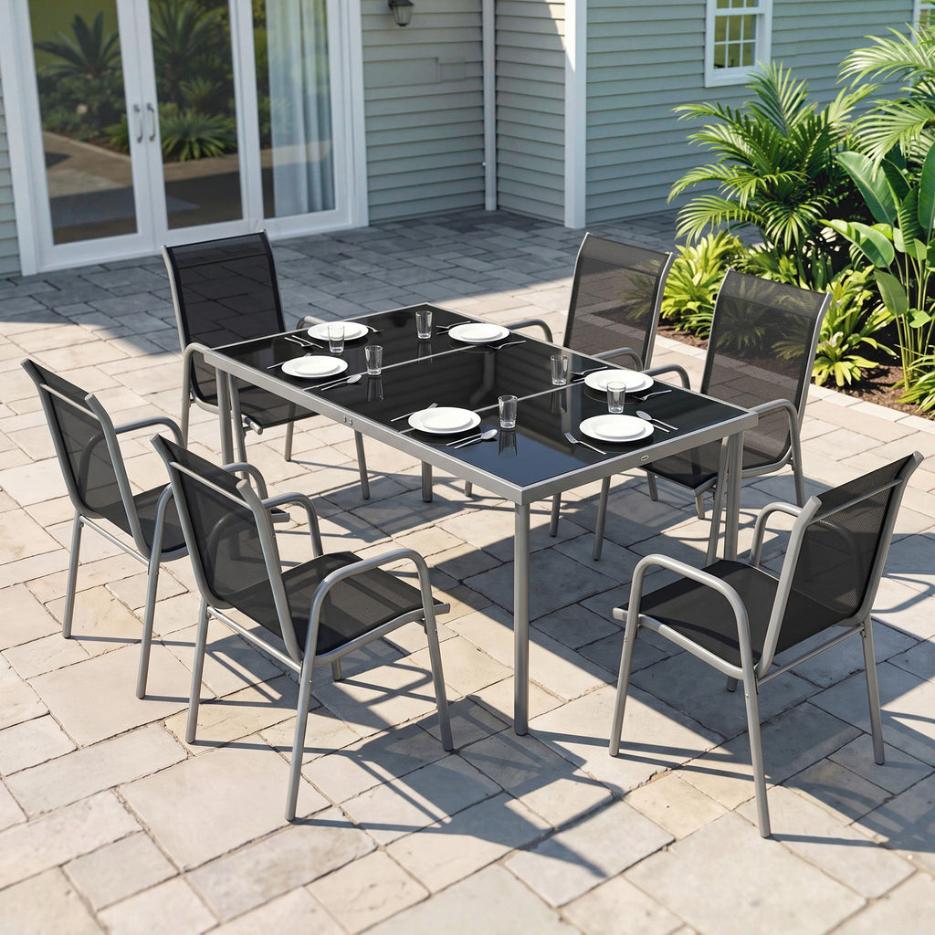 Gartenmöbel Set Sitzgruppe 150 x 90cm Tisch mit 6 Atmungsaktiven Stühlen Sicherheitsglas Tischplatte