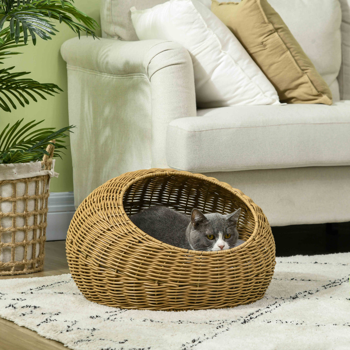 Katzenhöhle mit waschbarem Kissen, für Tiere bis 4 kg, Indoor, Kunst-Rattan, Ø50 x 31 cm, Hellbraun