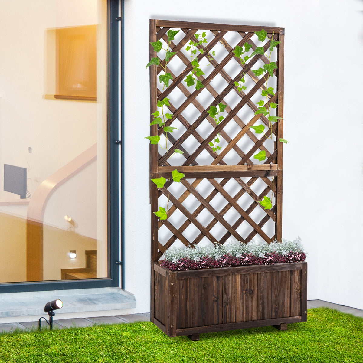 Hochbeet Pflanzenkasten mit Rankgitter, Spalier Pflanzkübel, Blumenkasten Holz, 72,5x31,5x149,5cm für Garten Balkon Terasse, Blumenkübel für Kletterpflanzen, Blumen, Braun