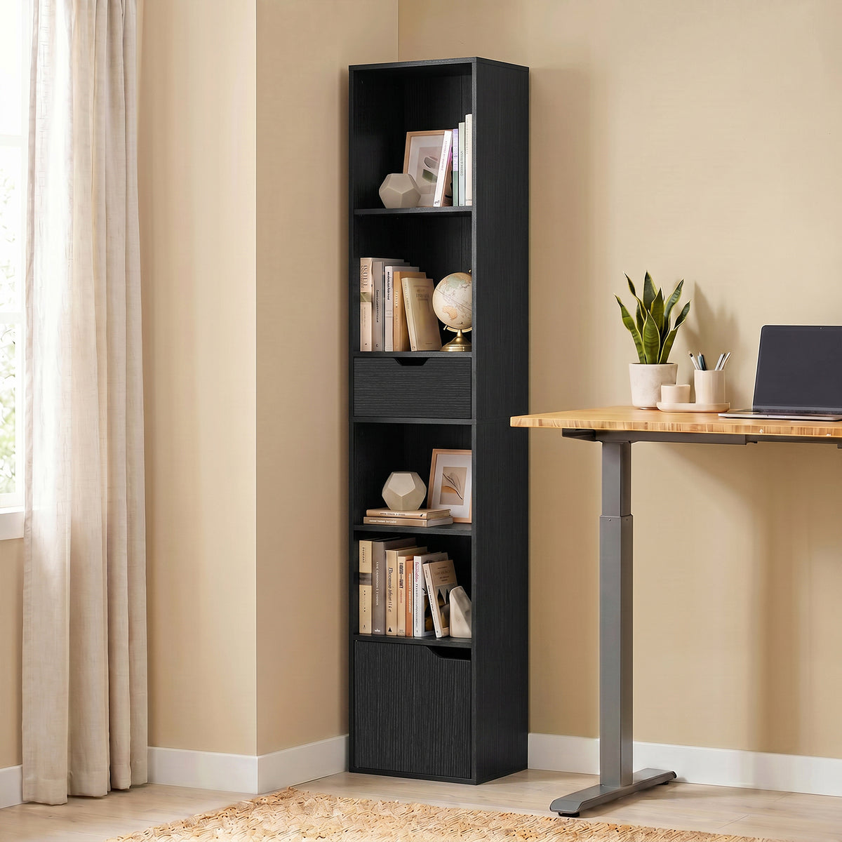 6-Fach Bücherregal mit Schublade und verstellbarem Fach, freistehender Aufbewahrungsschrank, 30 x 24 x 158 cm, Schwarz