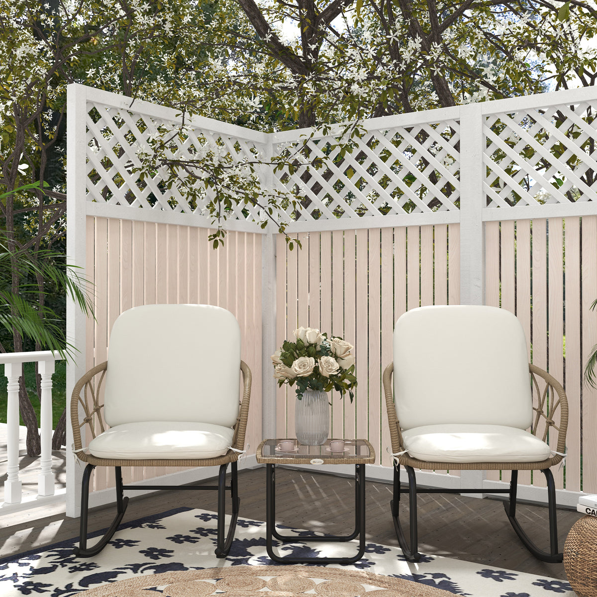 Schaukelstuhlset Schaukelstühle Bistro-Set, Bohostil, PE-Rattan, wetterbeständig, Creme