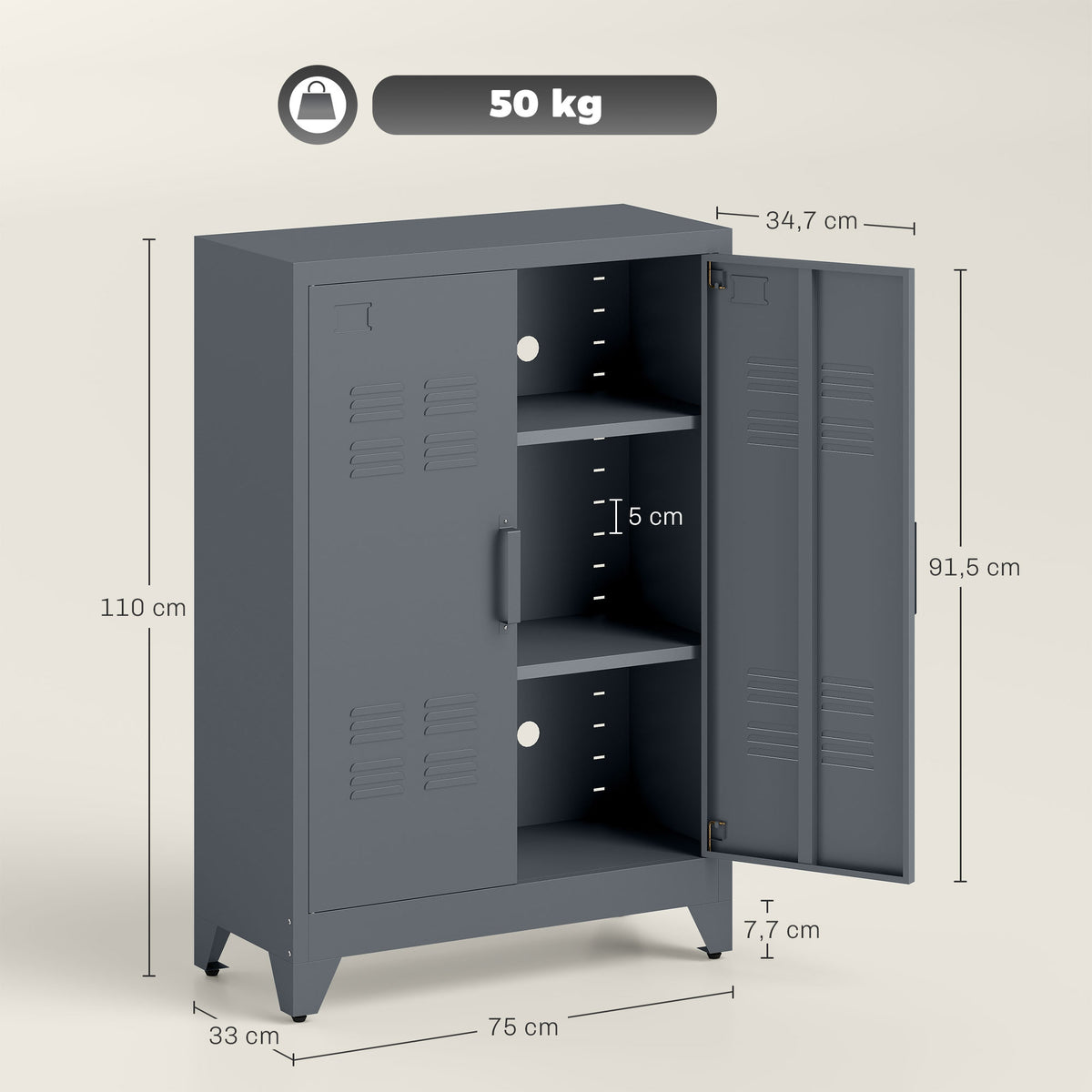 Aktenschrank mit Lamellent¨¹ren, Lagerschrank, Metallschrank mit 2 verstellbaren Einlegeb?den, 75 x 33 x 110 cm, Grau