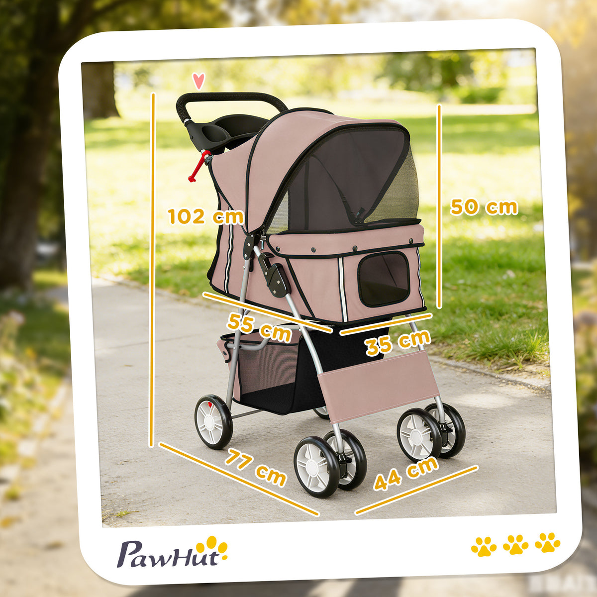 Dog Pram, Pet Stroller with Reflective Strips, Foldable Cat Stroller with 360° Swivel Wheels, Brown