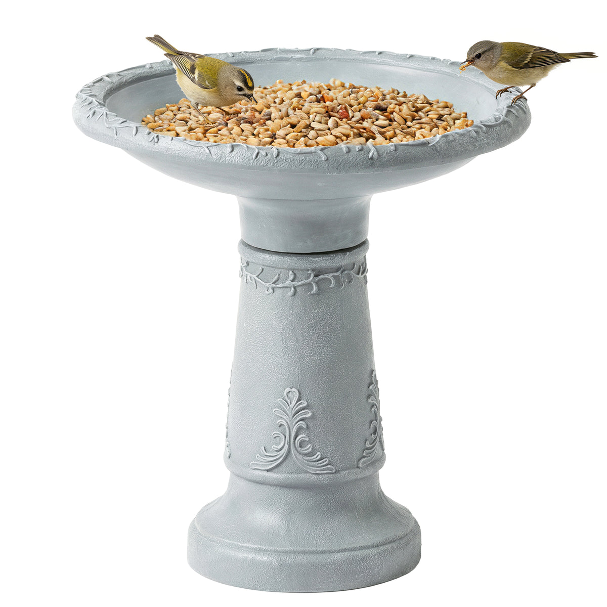 Vogeltränke aus Harz für den Außenbereich, 51 cm rundes Vogelbad mit Steinoptik, freistehender Vogelfutterspender, Grau