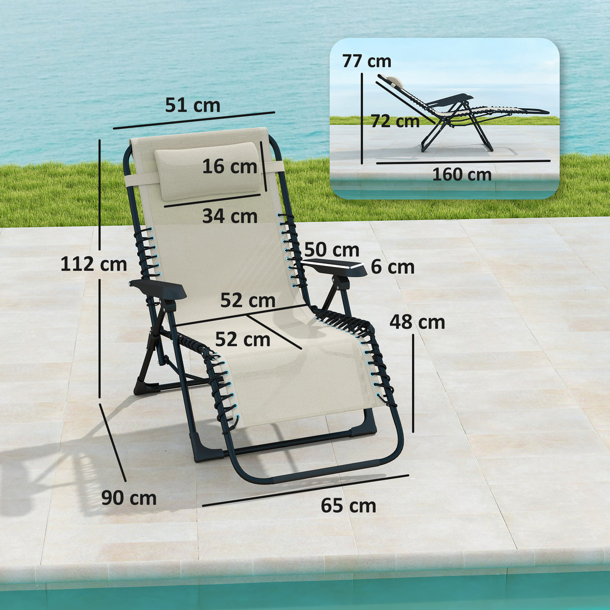 Sonnenliege klappbar Gartenliege mit Kopfkissen, 5-Fach verstellbare R¨¹ckenlehne bis 120 kg belastbar Beige