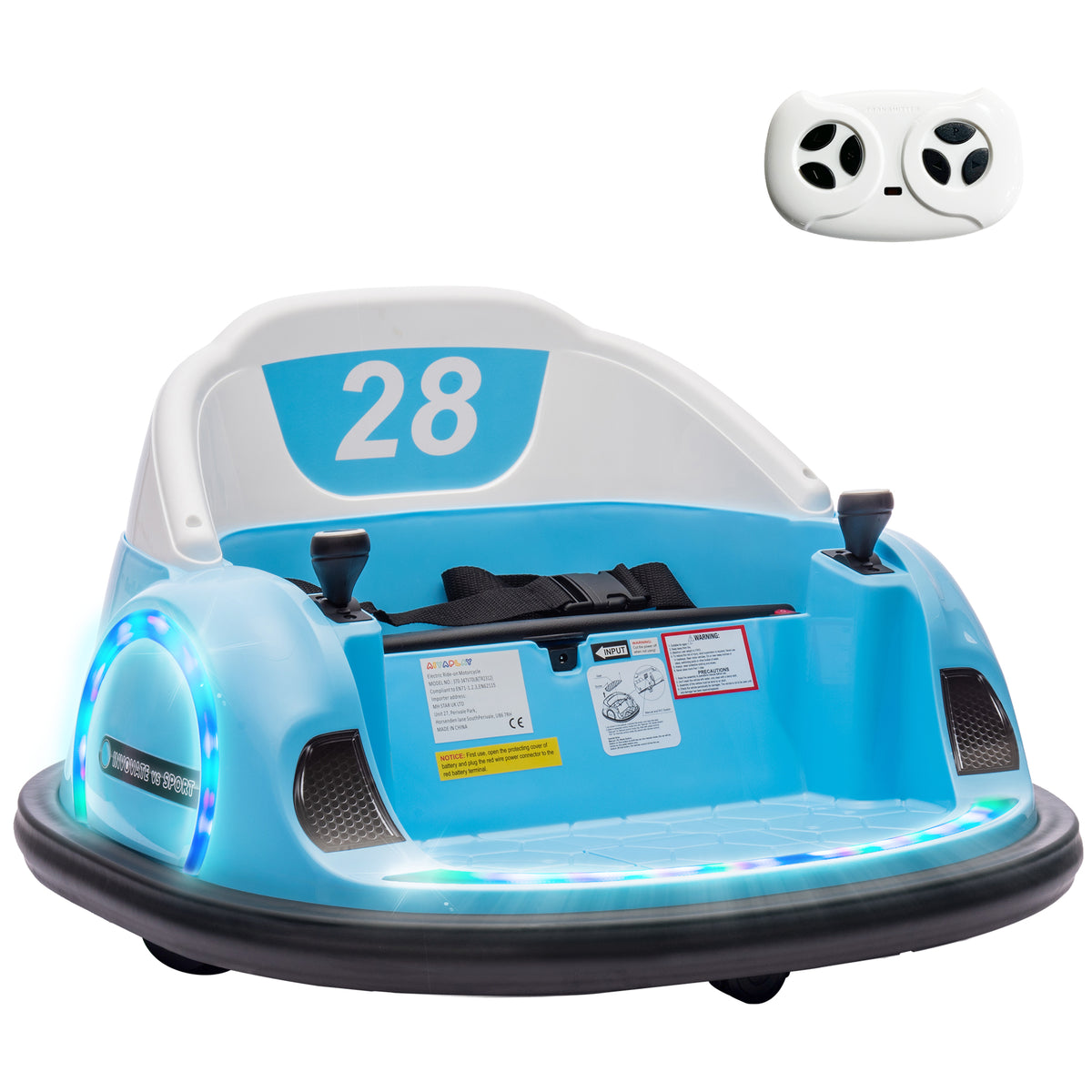 Autoscooter, 360° Rotation, 2 km/h Geschwindigkeit, Sicherheitsgurt, LED-Lichter, Musik und Hupe, Blau