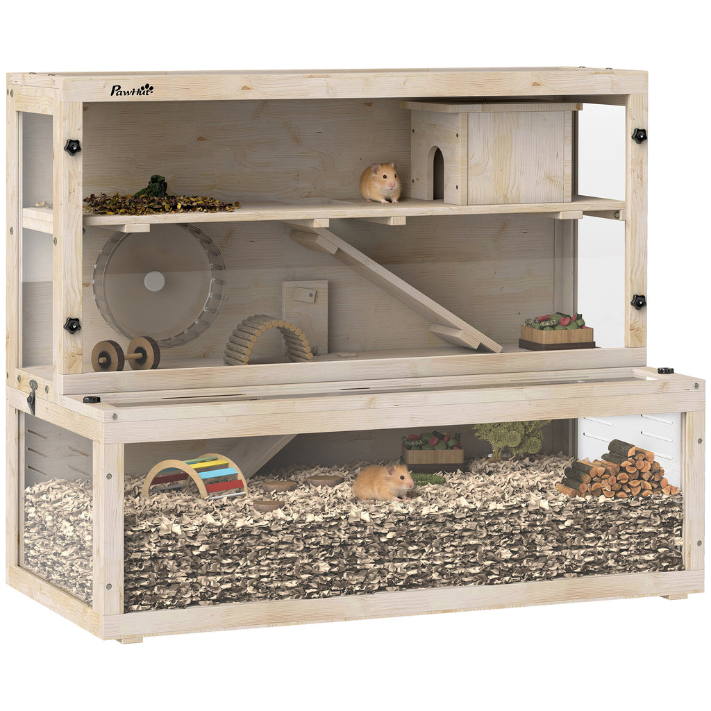 Wooden Hamster Cage with Hut, Wheel, Ramps, Removable Viewing Panels, 100 x 50 x 84 cm, Natural Wood