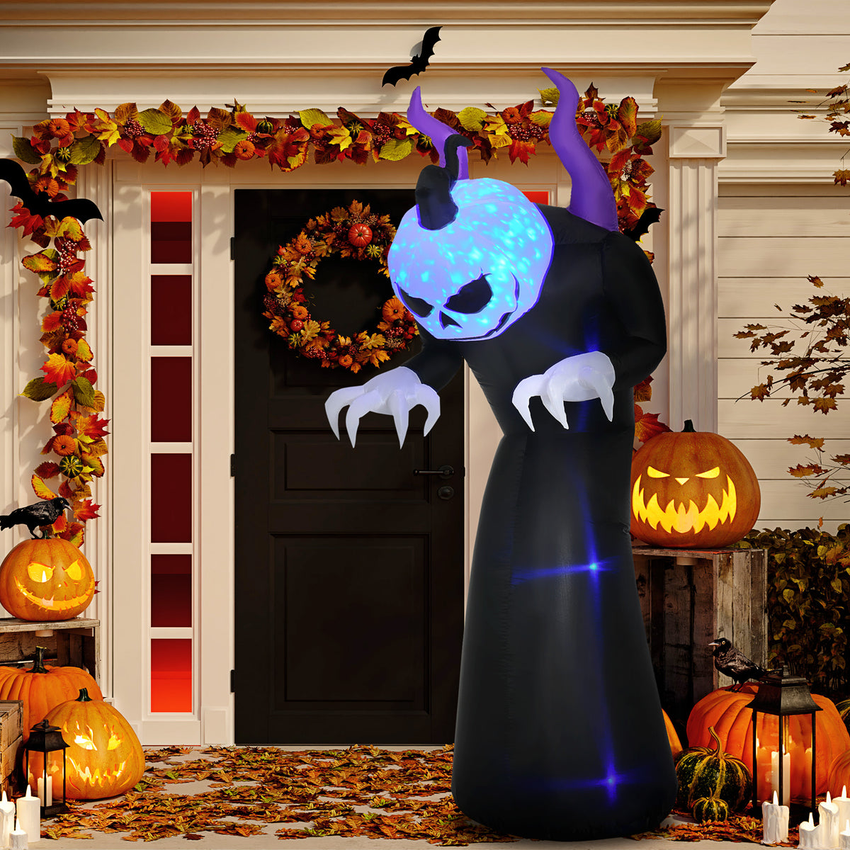 Gespenst mit Kürbiskopf Halloweendeko aufblasbar mit blauem Flammeneffekt 88 x 79 x 210cm