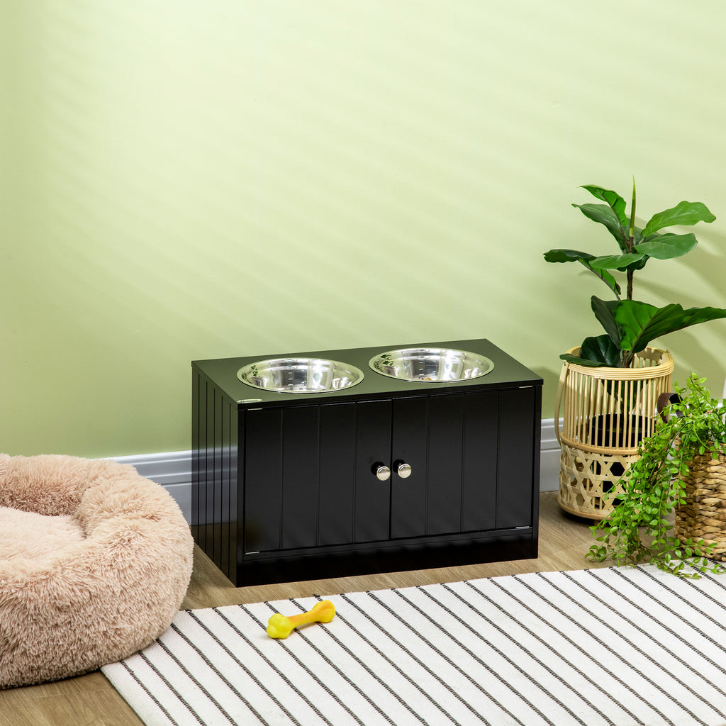 Raised Pet Feeder, with Two Bowls, Storage - Black