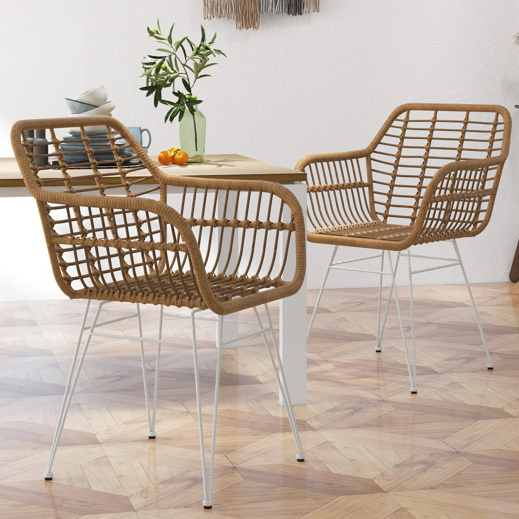 2-er-Set Stühle im Boho-Stil, Küchenstühle, PE-Rattan, 56 x 60 x 79 cm, Natur + Weiß