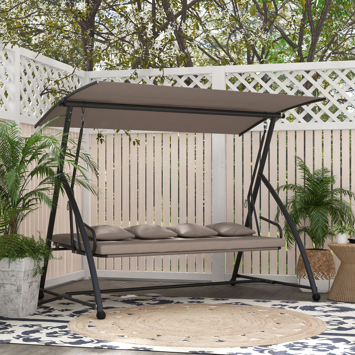 2 in 1 Hollywoodschaukel mit Liegefunktion, 3-Sitzer Gartenschaukel aus Stahl Schaukelbank 170x110x153cm, Hellbraun