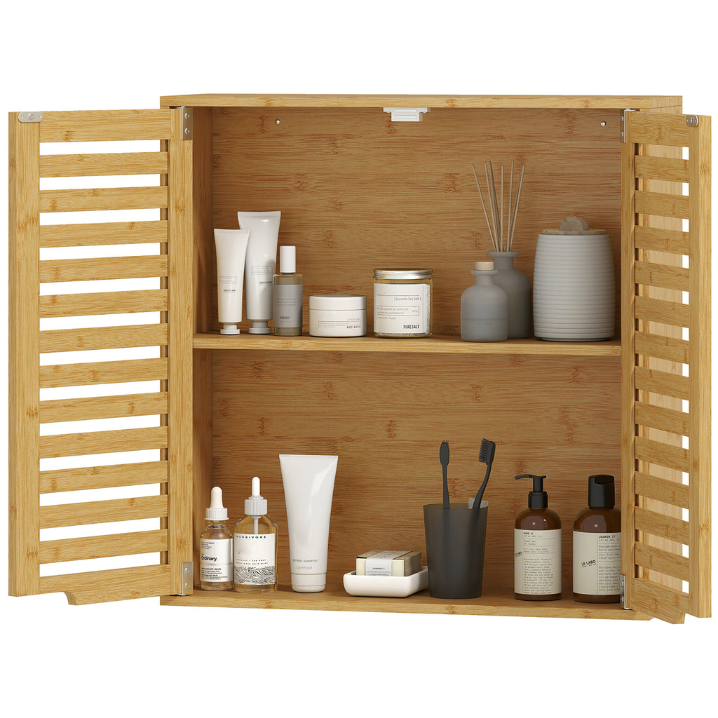 Badezimmerschrank Hängeschrank aus Bambus mit atmungsaktiv Lamellentüren, verstellbar Ablage 60 x 20 x 60 cm Naturholz