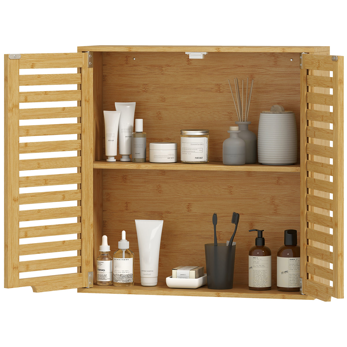 Badezimmerschrank Hängeschrank aus Bambus mit atmungsaktiv Lamellentüren, verstellbar Ablage 60 x 20 x 60 cm Naturholz
