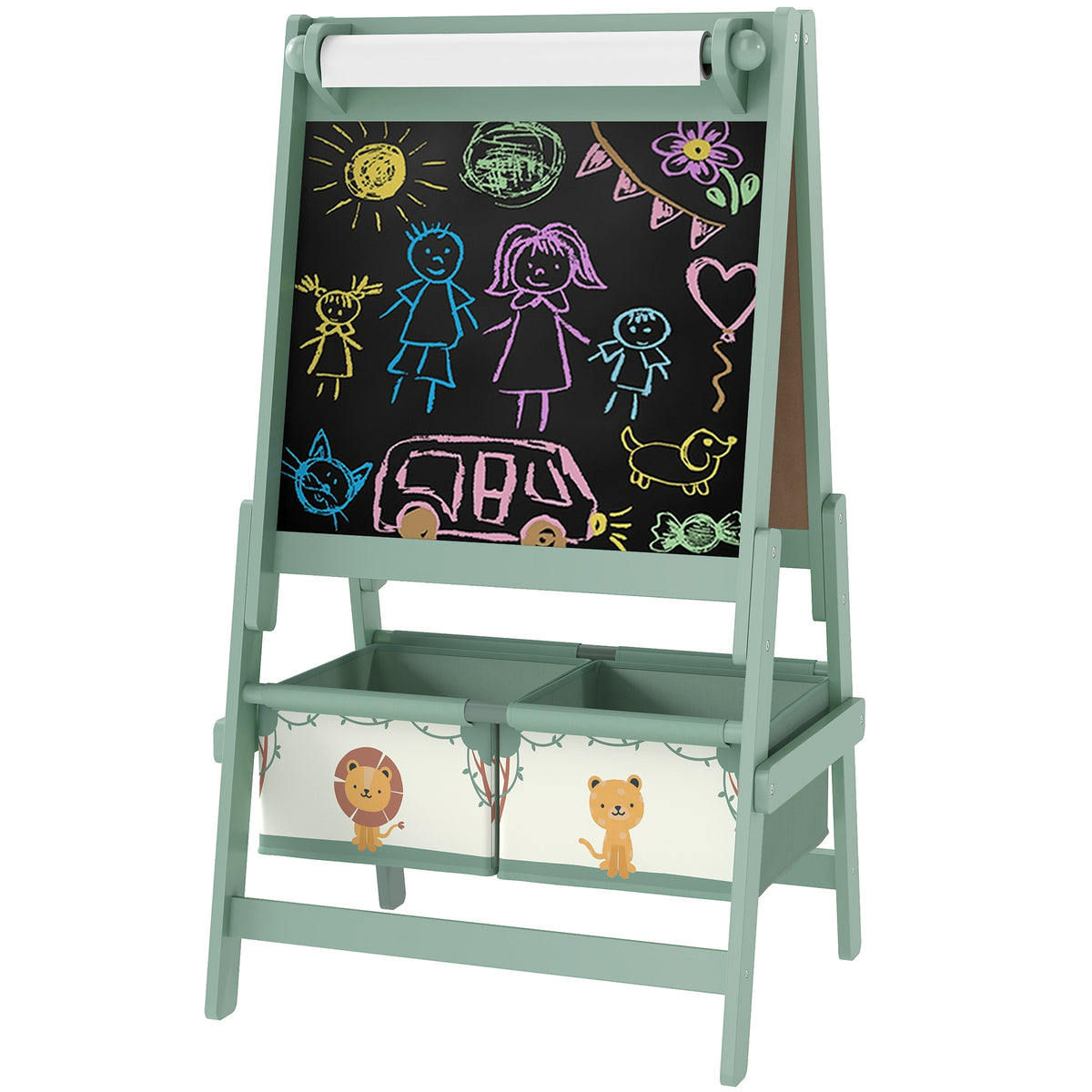 Art Easel for Kids, Double-Sided Whiteboard/Blackboard with Paper Roll, Two Storage Boxes, for Ages 3-8 Years, Green