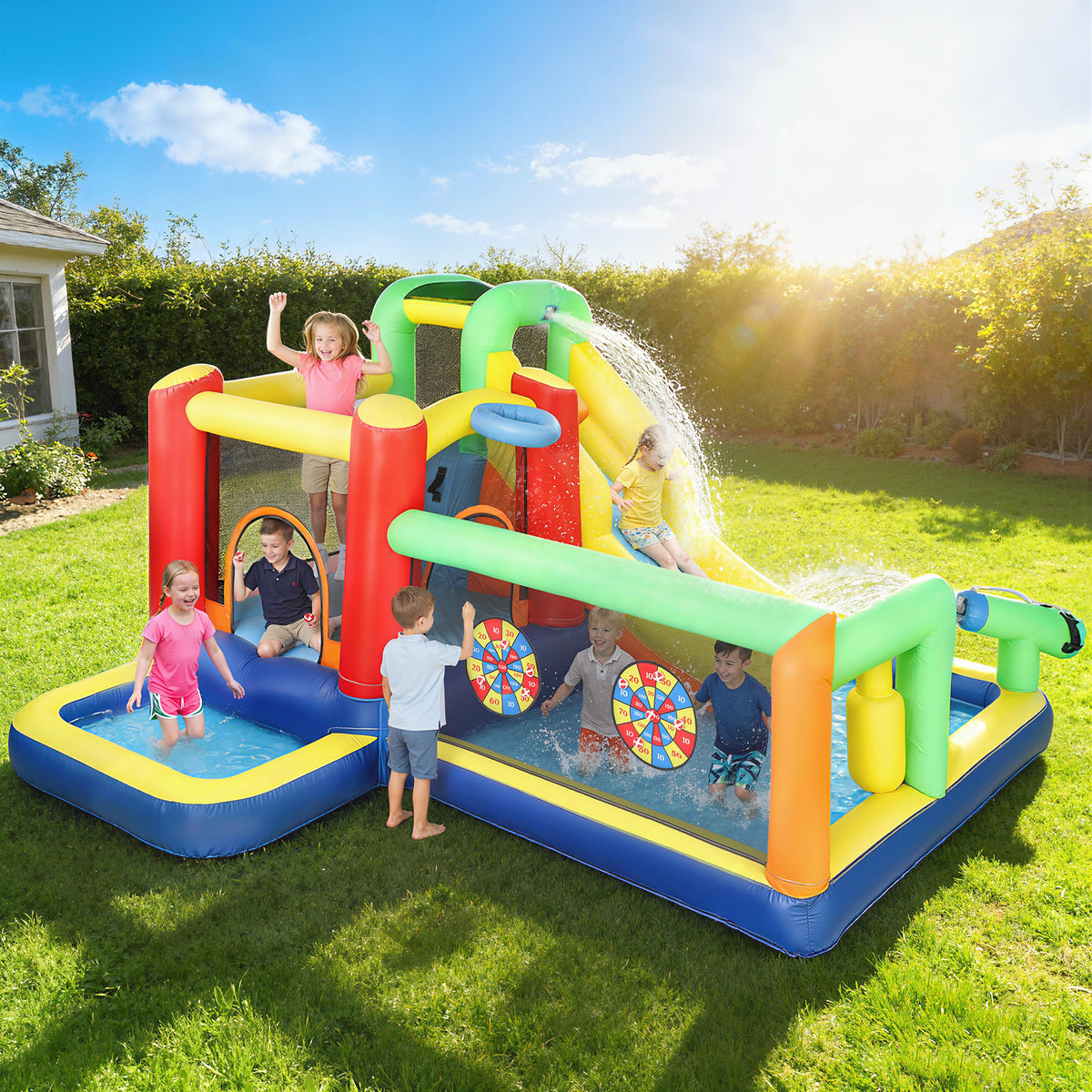 9-in-1 Aufblasbare Hüpfburg mit Gebläse Rutsche Planschbecken Wasserpistole für 3-8 Jahre 330x290x185 cm Mehrfarbig