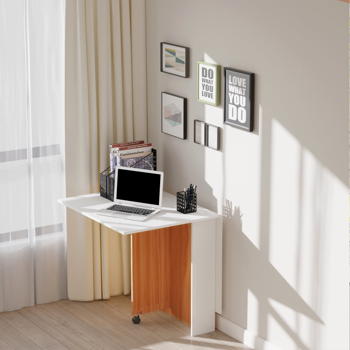 Ausklappbarer Esstisch Ausziehbarer Esstisch, mobil, modernes Design, 120 cm x 80 cm x 73 cm, Teak + Weiß