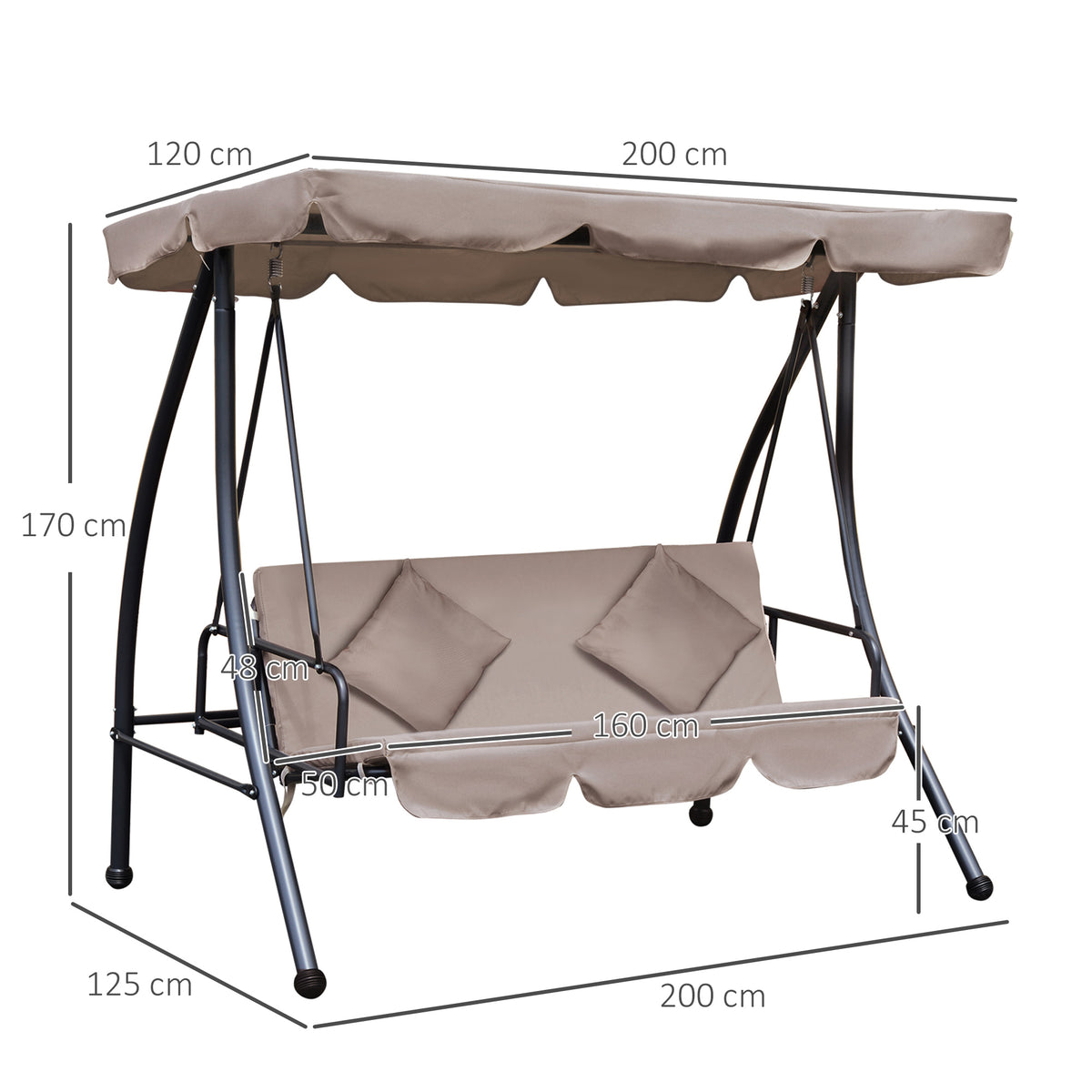 Outdoor 2-in-1 Swing Chair Lounger 3 Seater Garden Swing Seat Bed Convertible Tilt Canopy W/ Cushion, Beige