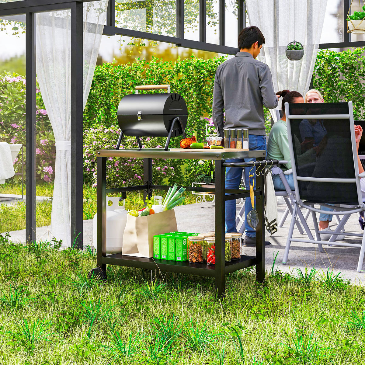 Grillwagen 2-Etagen Servierwagen mit Arbeitsfläche Ablagen Haken Räder Edelstahl 102 x 56 x 81cm