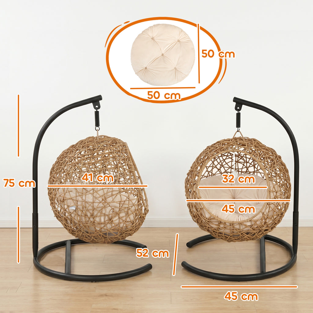 Katzenbett Rattan Katzenhöhle mit Waschbarem Kissen und Spielball, für Katzen bis 10 kg, 45 x 41 x 75 cm, Hellbraun