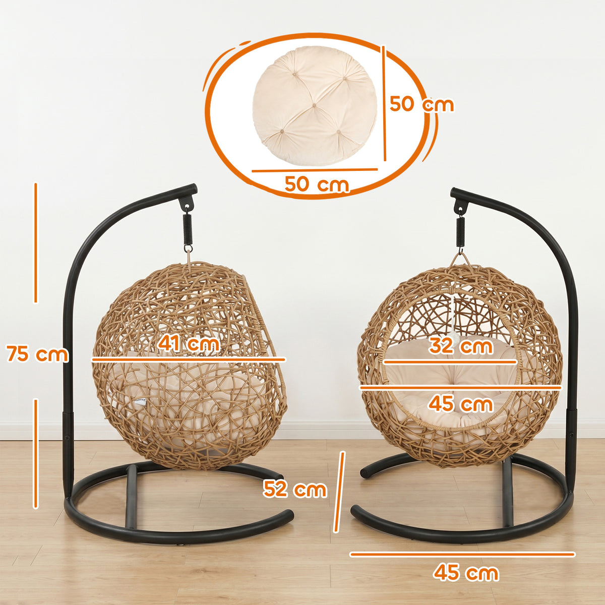 Katzenbett Rattan Katzenhöhle mit Waschbarem Kissen und Spielball, für Katzen bis 10 kg, 45 x 41 x 75 cm, Hellbraun