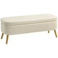 Aufbewahrungsbank, Sitzbank mit 65 L Stauraum, Teddy-Fleece-Stoff, Kautschukholz, 120 x 42 x 45 cm, Beige