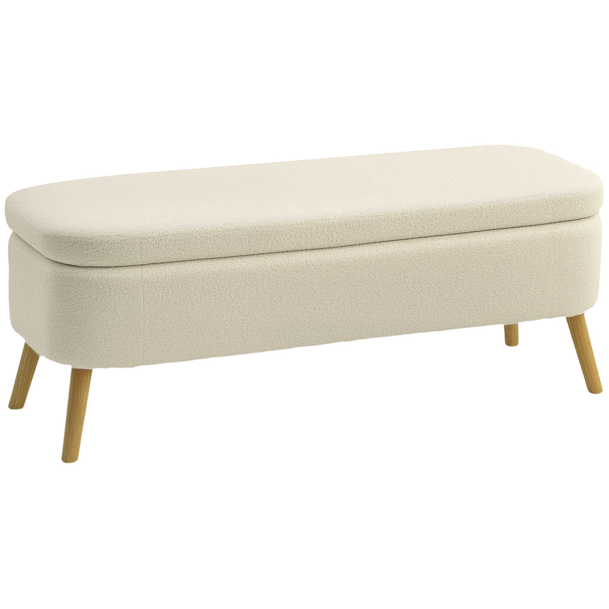 Aufbewahrungsbank, Sitzbank mit 65 L Stauraum, Teddy-Fleece-Stoff, Kautschukholz, 120 x 42 x 45 cm, Beige