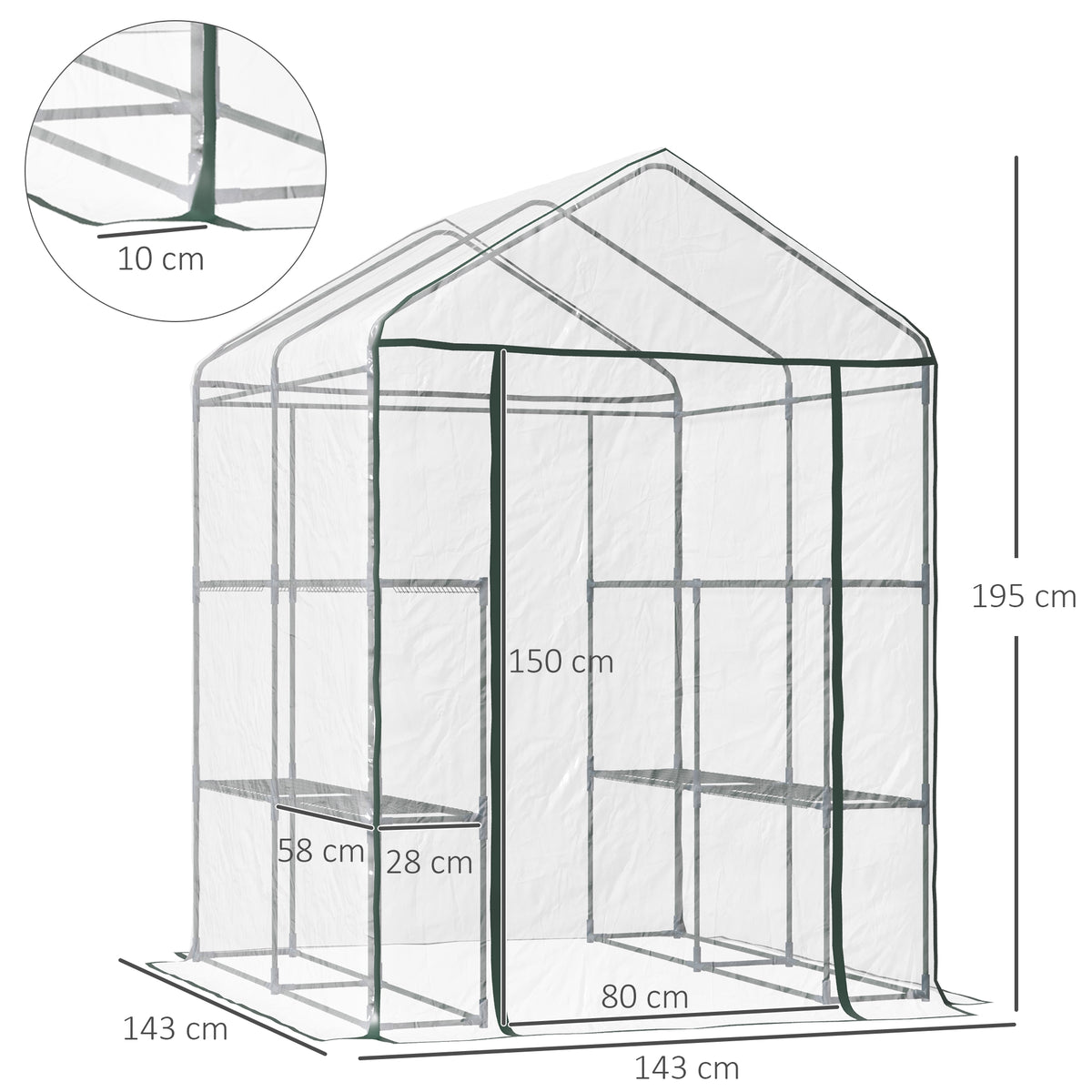  Foliengewächshaus begehbares Gartenhäuschen Tomatengewächshaus Treibhaus Frühbeet mit 6 Regalen Transparent Stahl PVC-Kunststoff 143 x 143 x 195 cm