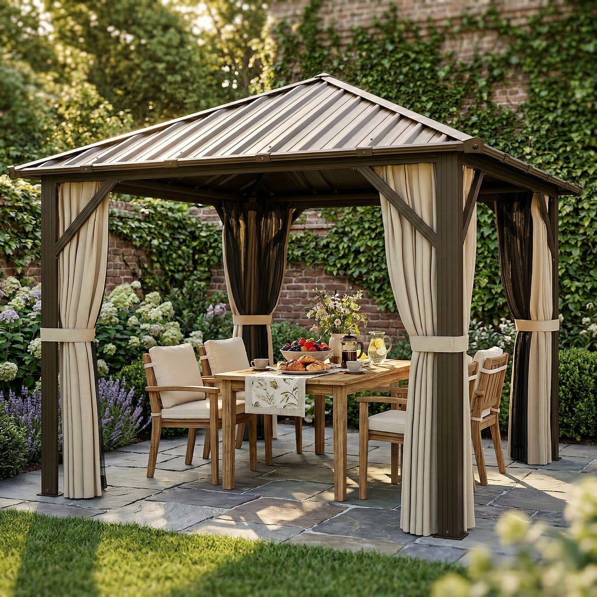 Gartenpavillon ca. 3 x 3 m Aluminium Pavillon mit Stahldach Hardtop Moskitonetz 4 Seitenteile, UPF50+