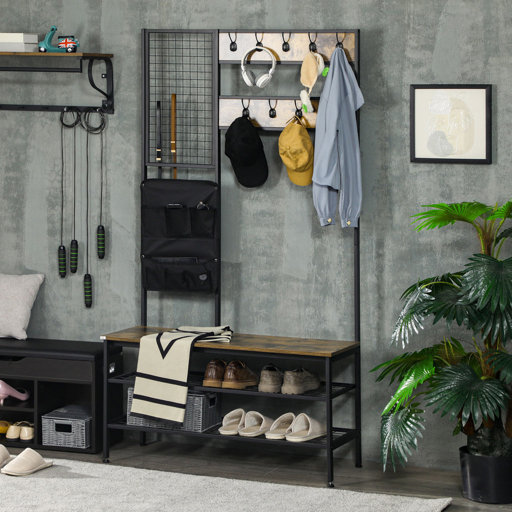 Garderobe im Industriedesign, 1 Memoboard, 1 Schuhbank, 8 Kleiderhaken, 1 Aufbewahrungstasche, Schwarz + Braun