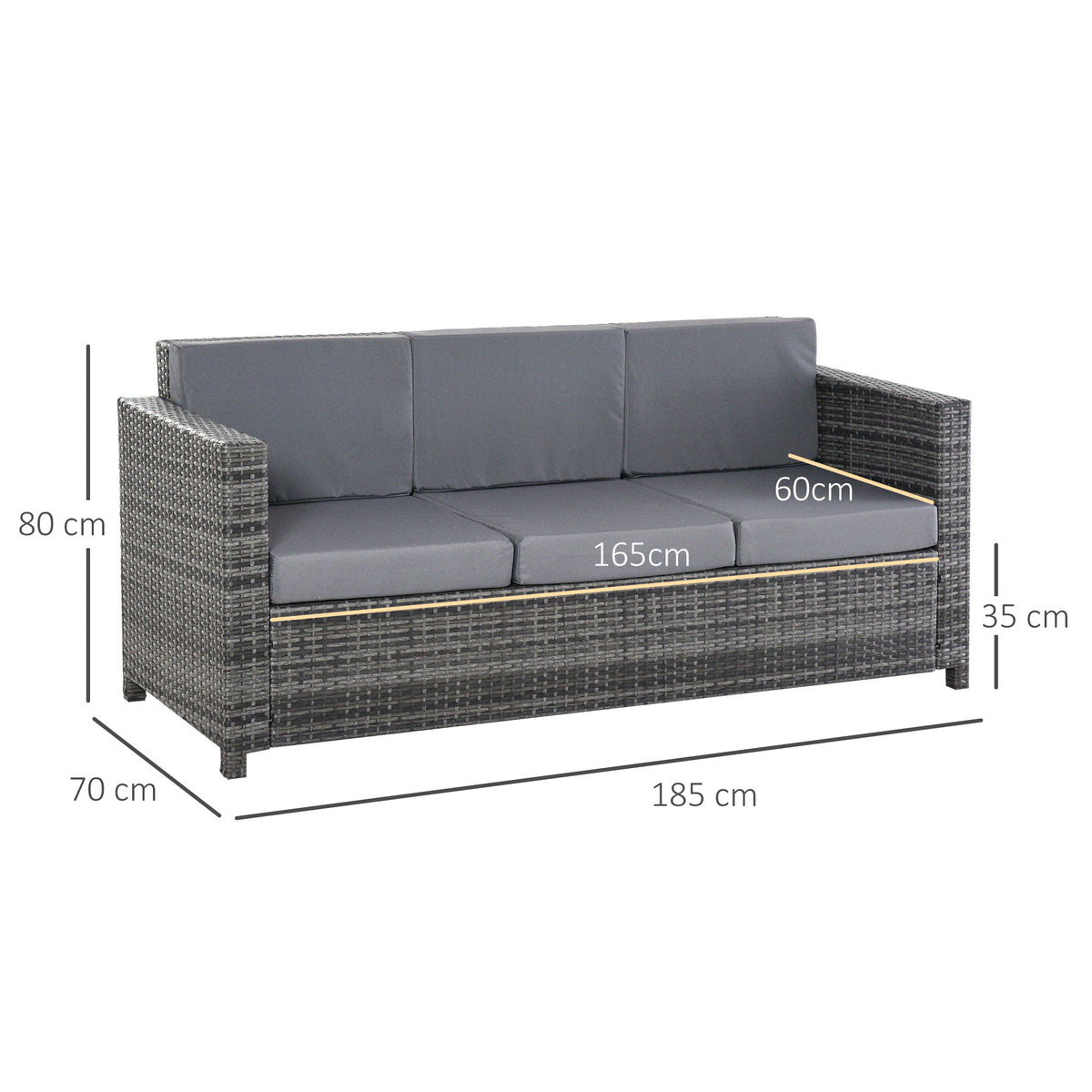  Poly-Rattan Sofa mit Kissen 3-Sitzer Garten Loungesofa Metall Polyester Grau 185 x 70 x 80 cm