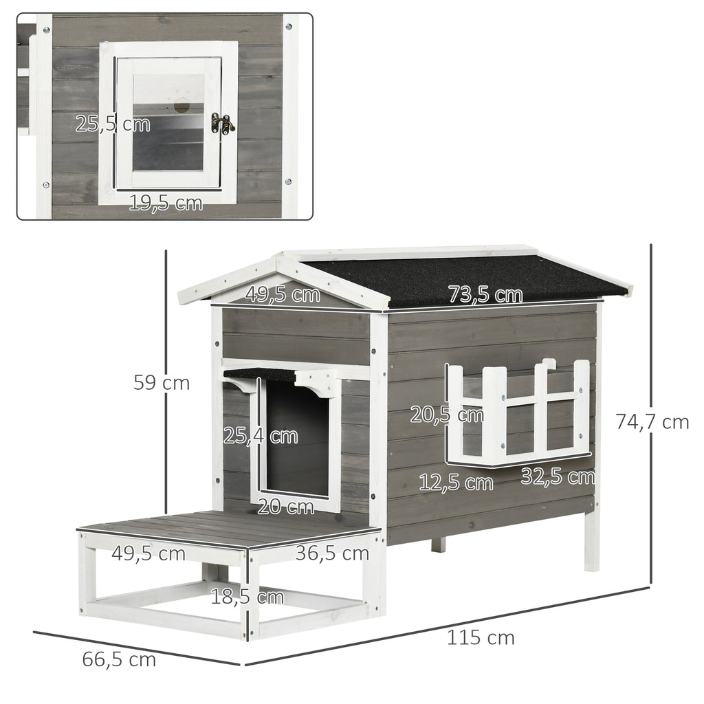 Katzenhaus aus Holz Winterfest wasserdicht Katzenhütte mit Asphaltdach Terrasse Katzenhöhle Katzenkiste Outdoor Schutzhütte für Draußen Garten Balkon 115 x 66,5 x 74,7 cm Grau+Weiß