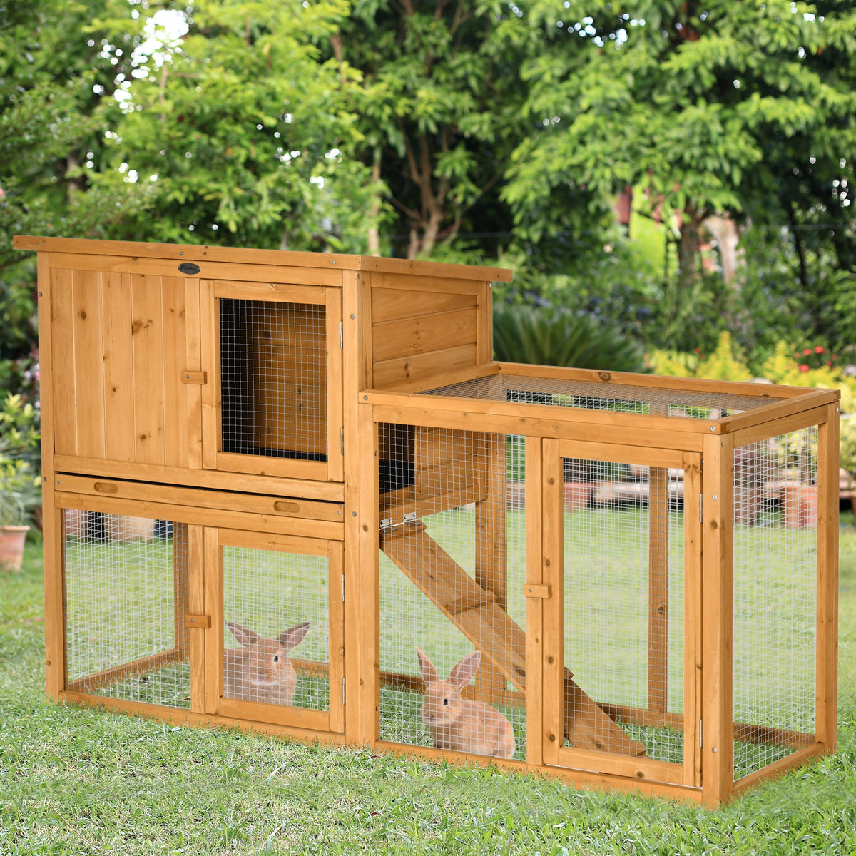 Kleintierstall mit Freigehege, herausnehmbare Bodenwanne, wetterbest?ndig, 141 cm x 60 cm x 86 cm, Braun