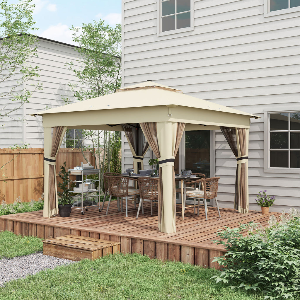 3.36 x 3.36m Pop Up Gazebo Party Tent with Solar-Powered LED Lights, Adjustable Event Shelter with Netting, Khaki