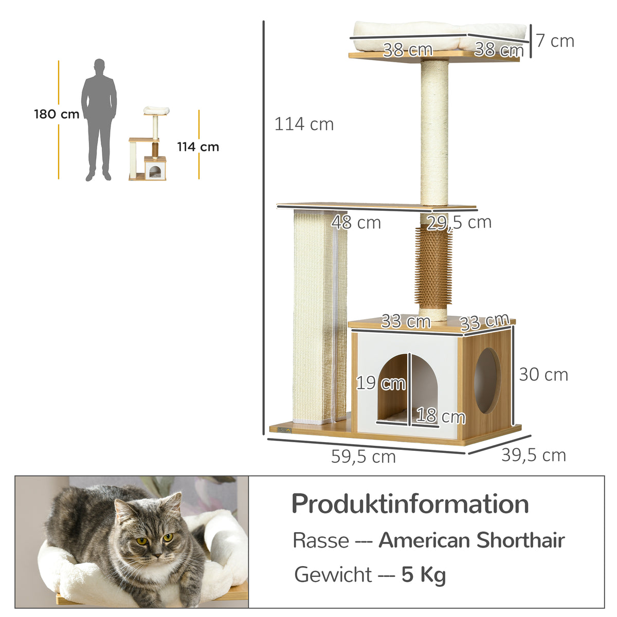 Kratzbaum Katzenbaum Katzenhöhle, 1 Katzenbett, 1 Liegefläche, 59,5 cm x 39,5 cm x 114 cm, Braun + Weiß