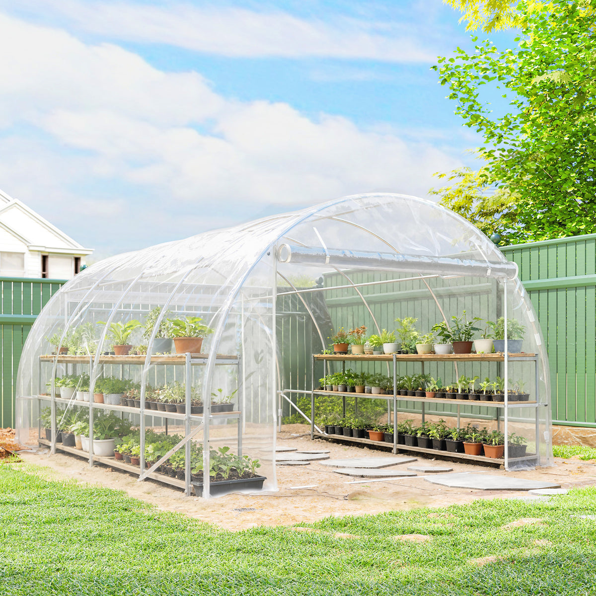 Polytunnel-Gewächshaus, begehbares Gewächshaus mit verzinktem Stahlrahmen und UV-beständiger PE-Abdeckung, transparent
