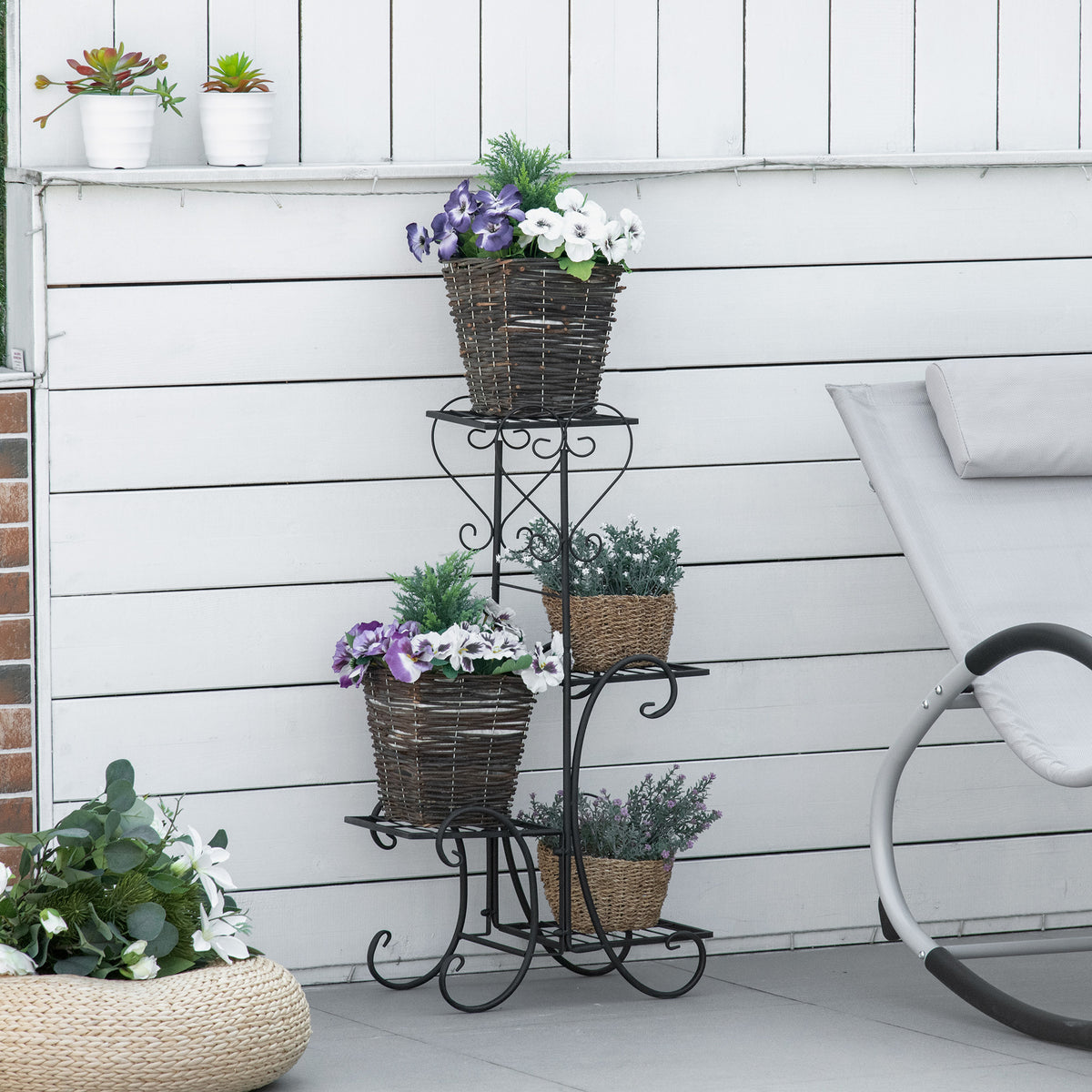 Blumenständer Blumenregal aus Metall 4 Ebenen Pflanzenregal Blumentreppe Blumenständer für innen und außen Garten Balkon Schwarz 45 x 24,5 x 80 cm