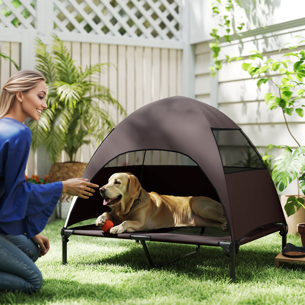 Hundeliege Outdoor mit Dach, Erh?htes Hundebett f¨¹r Gro?e Hunde, 91 x 76 x 90 cm, Kaffee