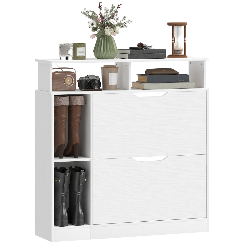 Schuhschrank mit 2 Klappen Schuhkipper mit Verstellbar Trennwand, offenem Fach für 12 Paar Schuhe 89 x 25 x 92 cm Weiß