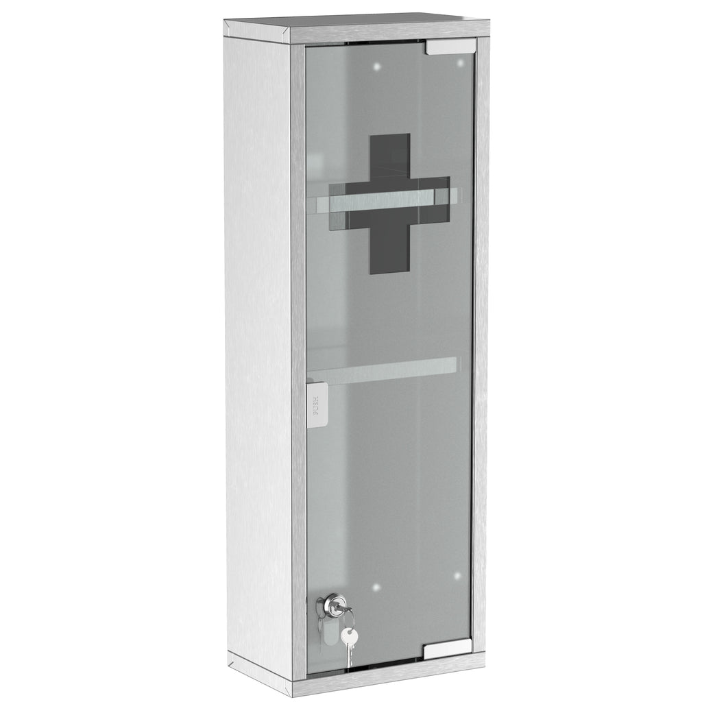 Medizinschrank aus Edelstahl und gehärtete Glastür Arzneischrank zur Medikamenten-Aufbewahrung, Abschließbar Medikamentenschrank mit 3 Fächern, Erste Hilfe Schrank, 20 x 12 x 58 cm, Silber