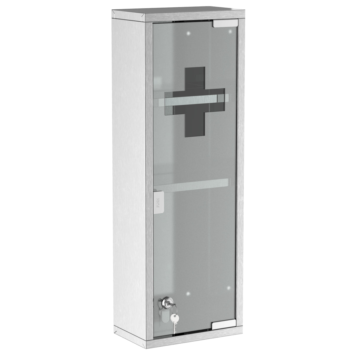 Medizinschrank aus Edelstahl und gehärtete Glastür Arzneischrank zur Medikamenten-Aufbewahrung, Abschließbar Medikamentenschrank mit 3 Fächern, Erste Hilfe Schrank, 20 x 12 x 58 cm, Silber